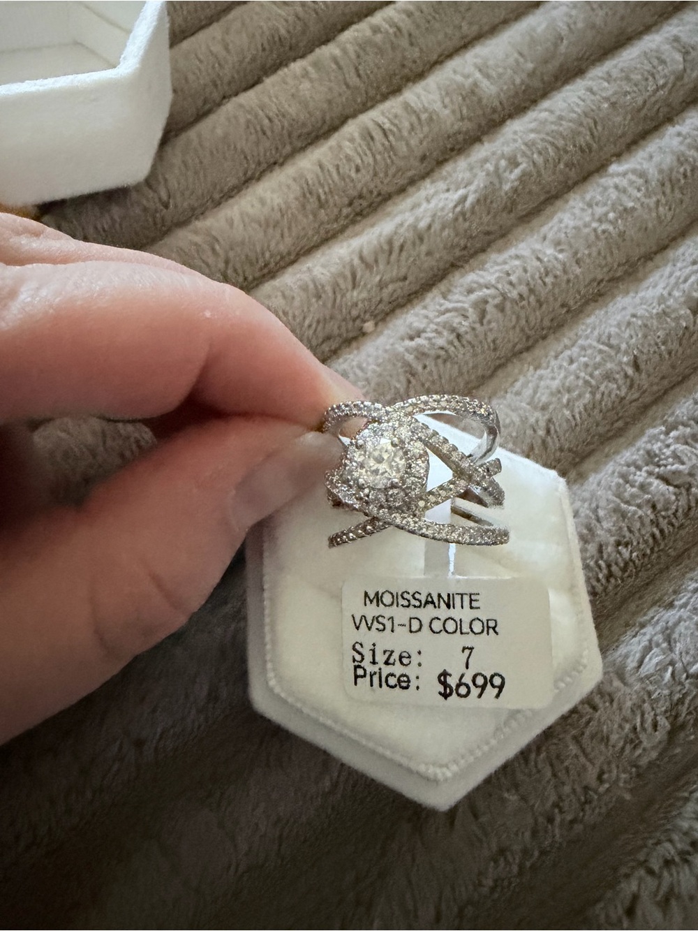 Moissanite Halo Crisscross Ring in Silver - Size 7
